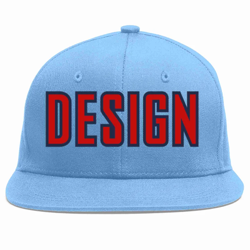 Baseball Cap For Custom Team Gear-Custom Light Blue Red-Navy Flat Eaves Sport Baseball Cap Design for Men/Women/Youth