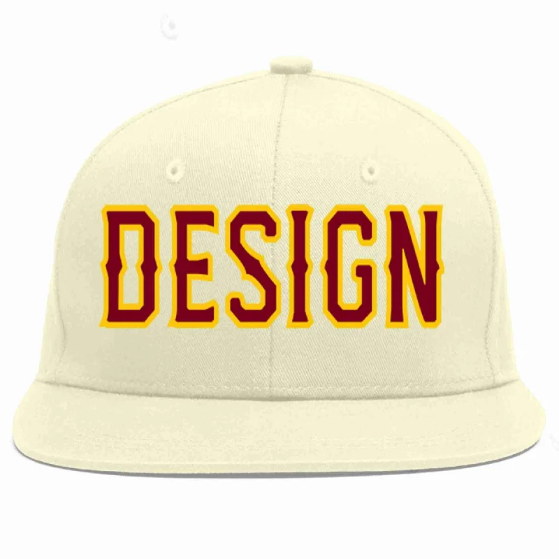 Baseball Cap For Professional Baseball Teams-Custom Cream Crimson-Gold Flat Eaves Sport Baseball Cap Design for Men/Women/Youth