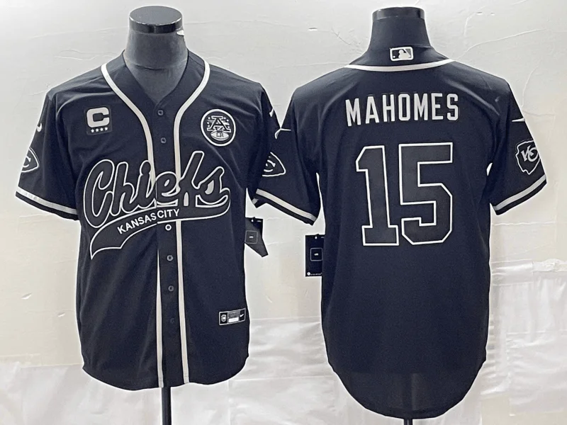 Baseball Jersey For Event Custom Fan Gear-Men's Kansas City Chiefs #15 Patrick Mahomes Black C Patch Cool Base Stitched Baseball Jersey