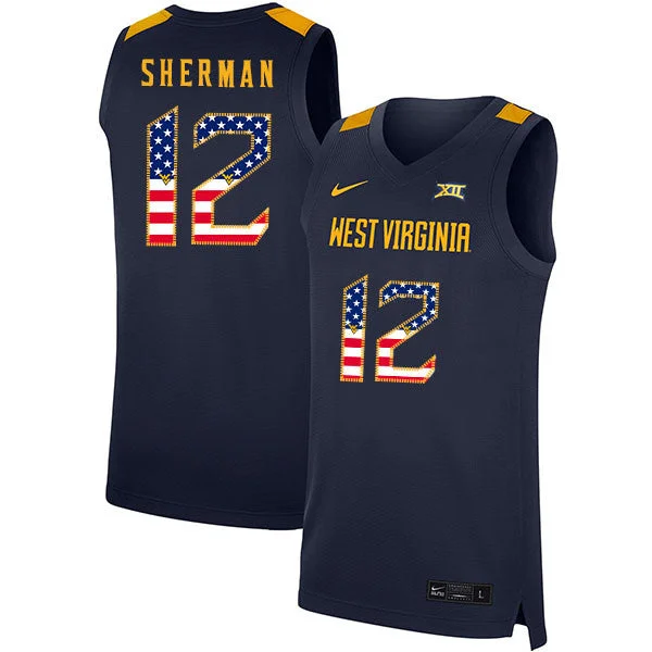 Basketball Jersey For Sports Fans Apparel-West Virginia Mountaineers 12 Taz Sherman Navy USA Flag Basketball College Basketball Jersey