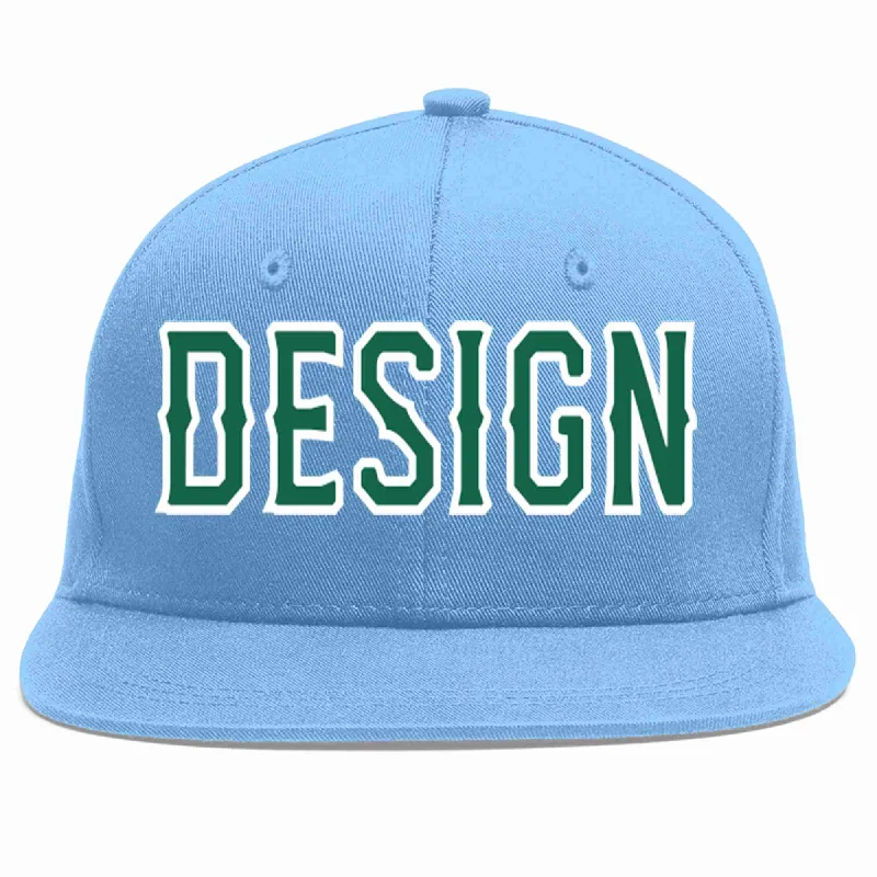 Baseball Cap For Custom Apparel-Custom Light Blue Kelly Green-White Flat Eaves Sport Baseball Cap Design for Men/Women/Youth