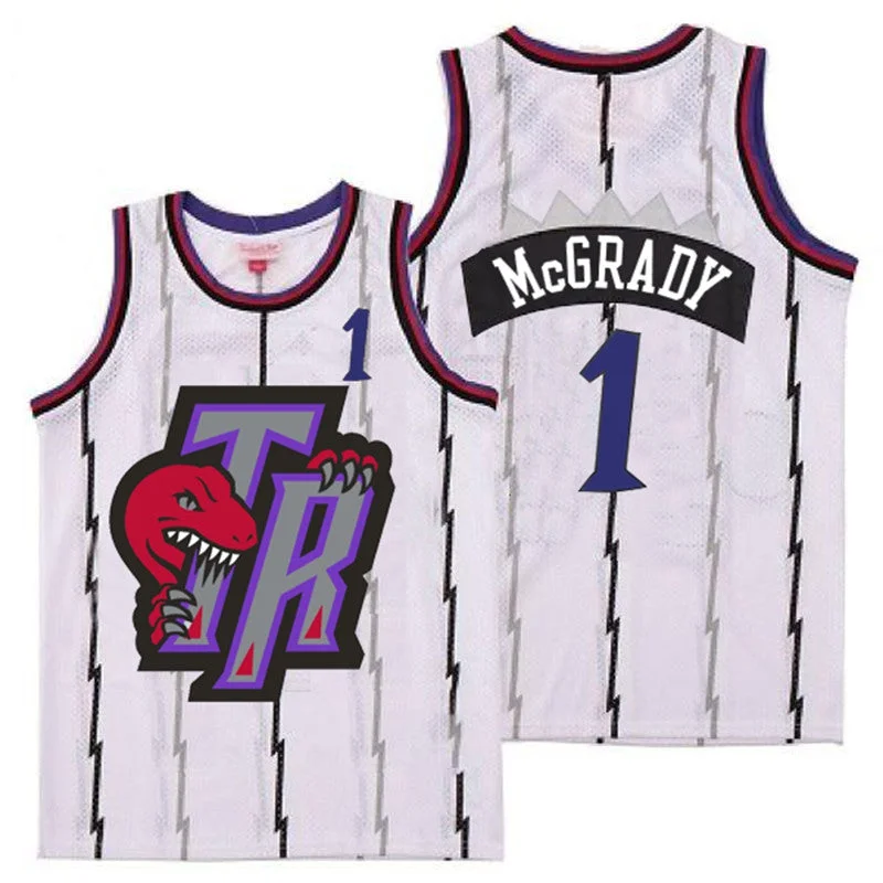 Basketball Jersey For Team Recognition-Raptors 1 Tracy McGrady White Big Gray TR Logo Retro Basketball Jersey