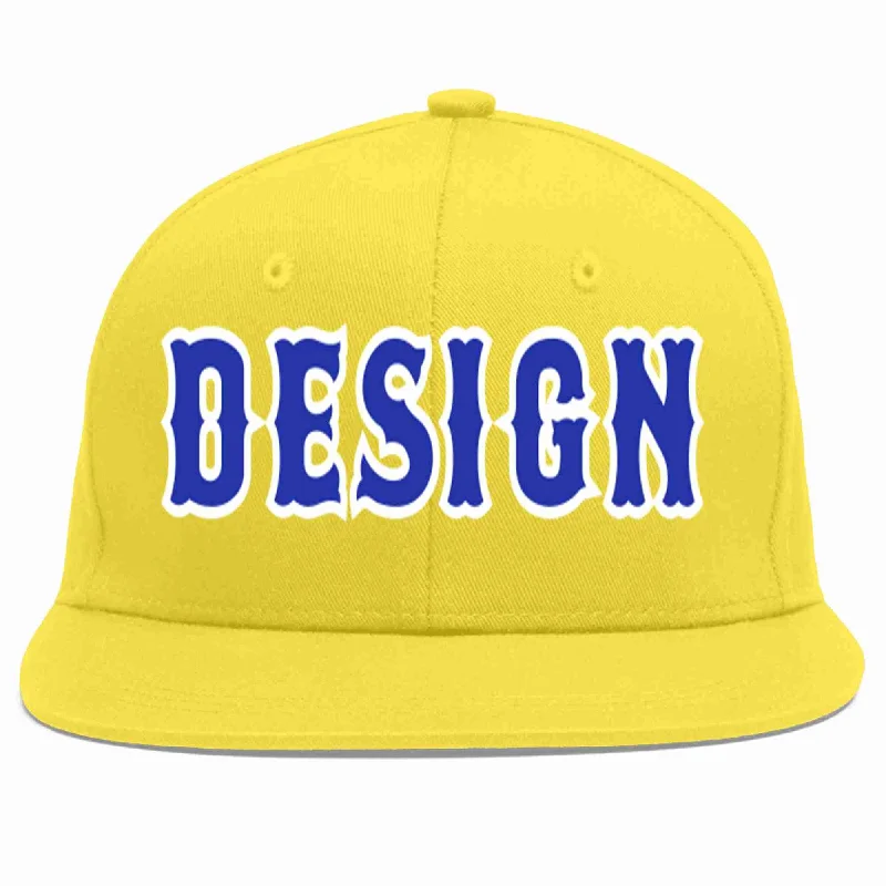 Baseball Cap With Embroidered Logos-Custom Light Gold Royal-White Flat Eaves Sport Baseball Cap Design for Men/Women/Youth