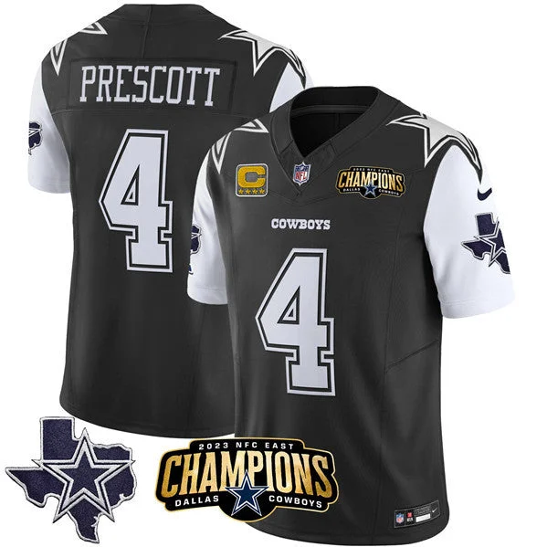 Football Jersey For Custom Designs-Men's Dallas Cowboys #4 Dak Prescott Black/White 2023 F.U.S.E. NFC East Champions With 4-star C Ptach Football Stitched Jersey