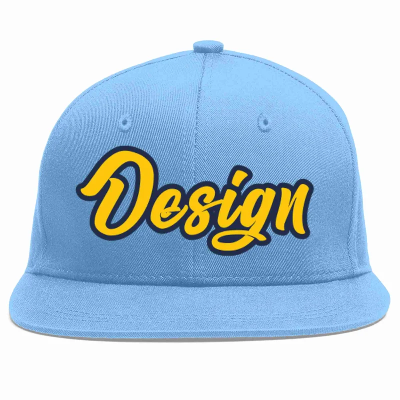 Baseball Cap For Fans And Supporters-Custom Light Blue Gold-Navy Flat Eaves Sport Baseball Cap Design for Men/Women/Youth