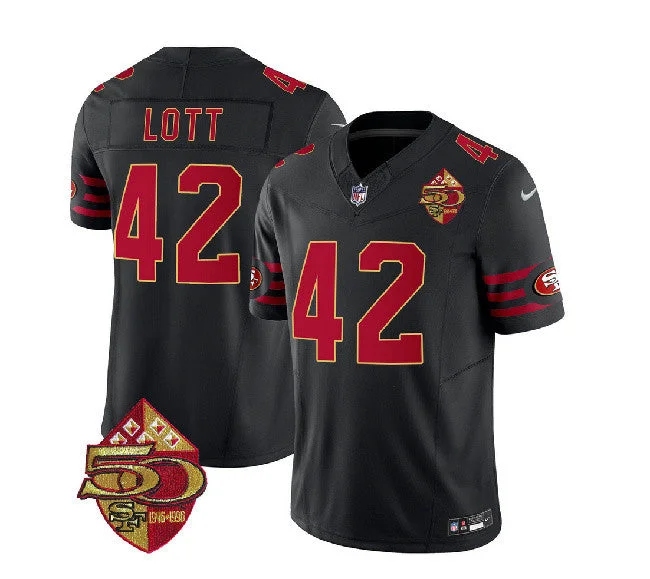 Football Jersey For Football Event Gear-Men's San Francisco 49ers #42 Ronnie Lott Black 2023 F.U.S.E. 50th Patch Throwback Football Stitched Jersey