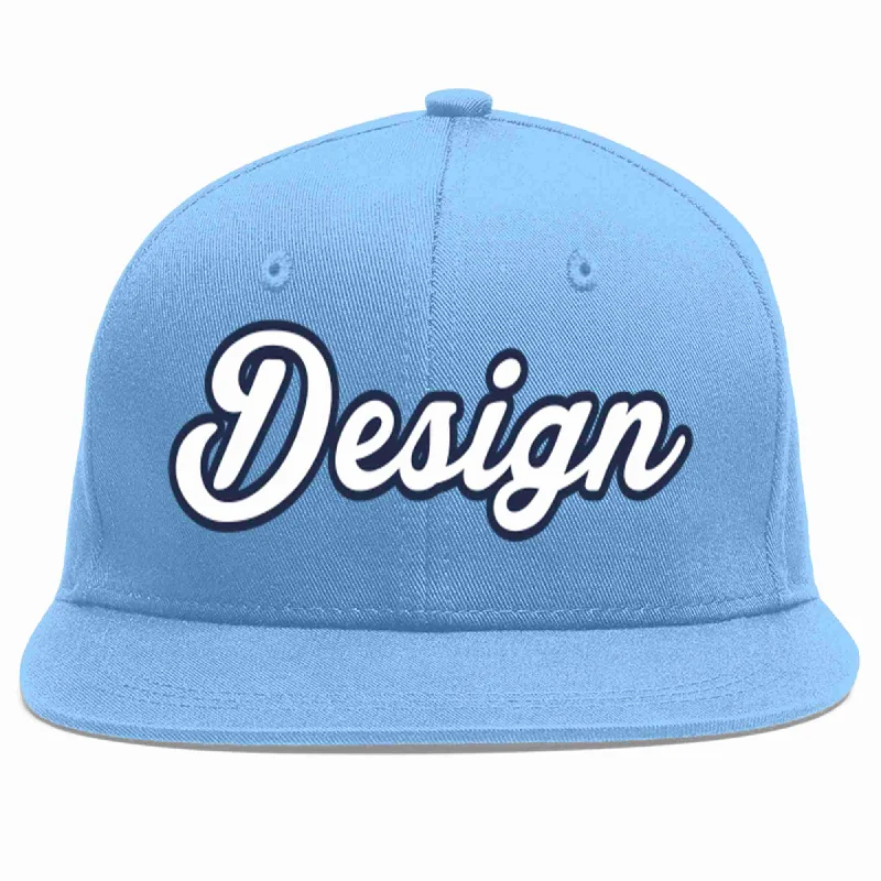 Baseball Cap For Kids With Custom Names-Custom Light Blue White-Navy Flat Eaves Sport Baseball Cap Design for Men/Women/Youth