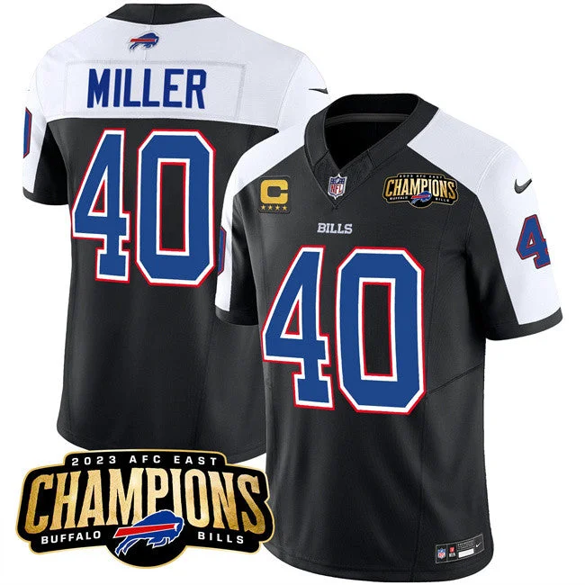 Football Jersey For Custom Branding-Men's Buffalo Bills #40 Von Miller Black/White 2023 F.U.S.E. AFC East Champions With 4-star C Ptach Football Stitched Jersey