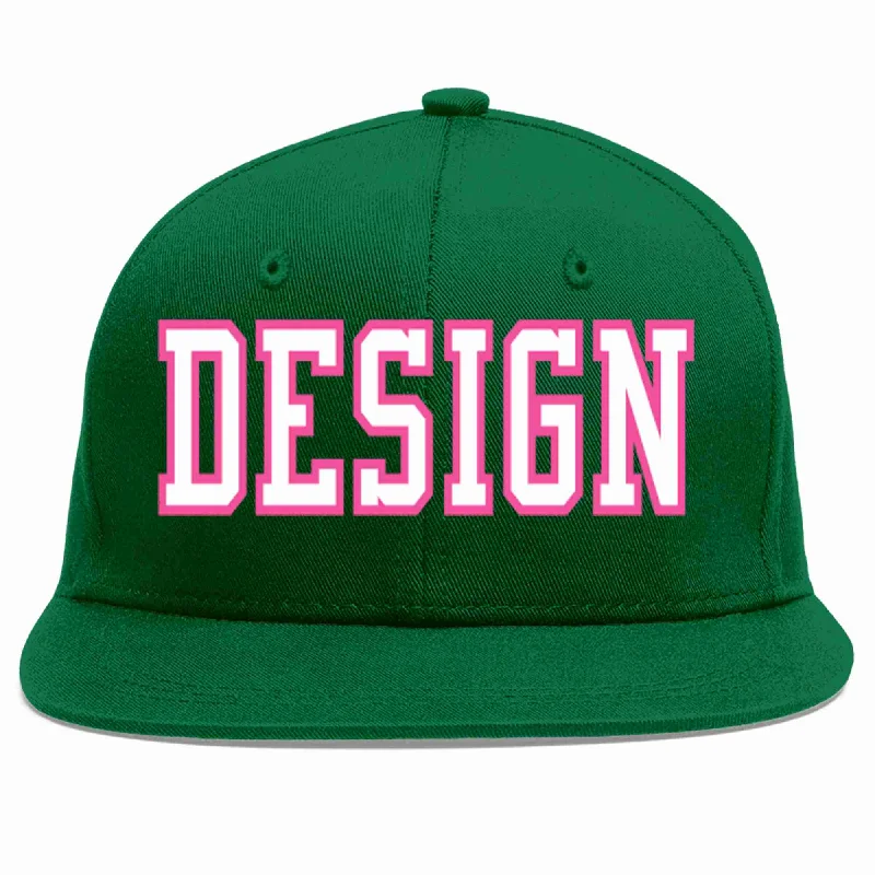 Baseball Cap For School Teams-Custom Green White-Pink Flat Eaves Sport Baseball Cap Design for Men/Women/Youth