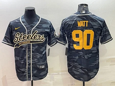 Baseball Jersey For Baseball Tournament Teams-Men's Pittsburgh Steelers #90 T. J. Watt Gray/Navy Camo With Patch Cool Base Stitched Baseball Jersey