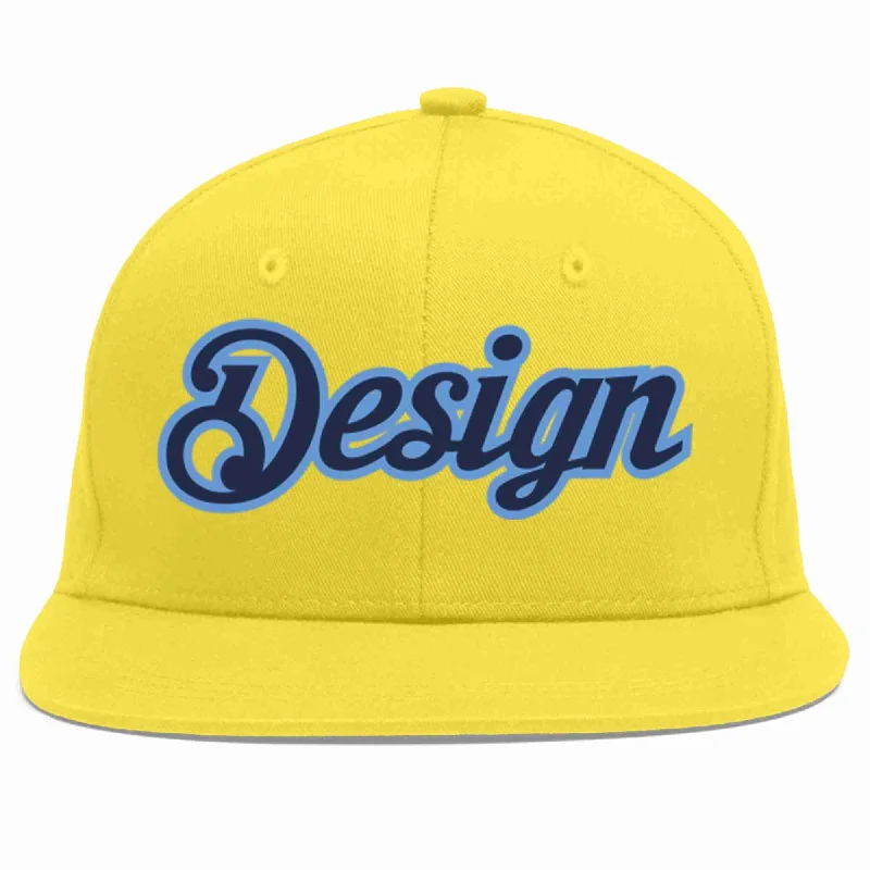 Baseball Cap For Exclusive Designs-Custom Light Gold Navy-Light Blue Flat Eaves Sport Baseball Cap Design for Men/Women/Youth