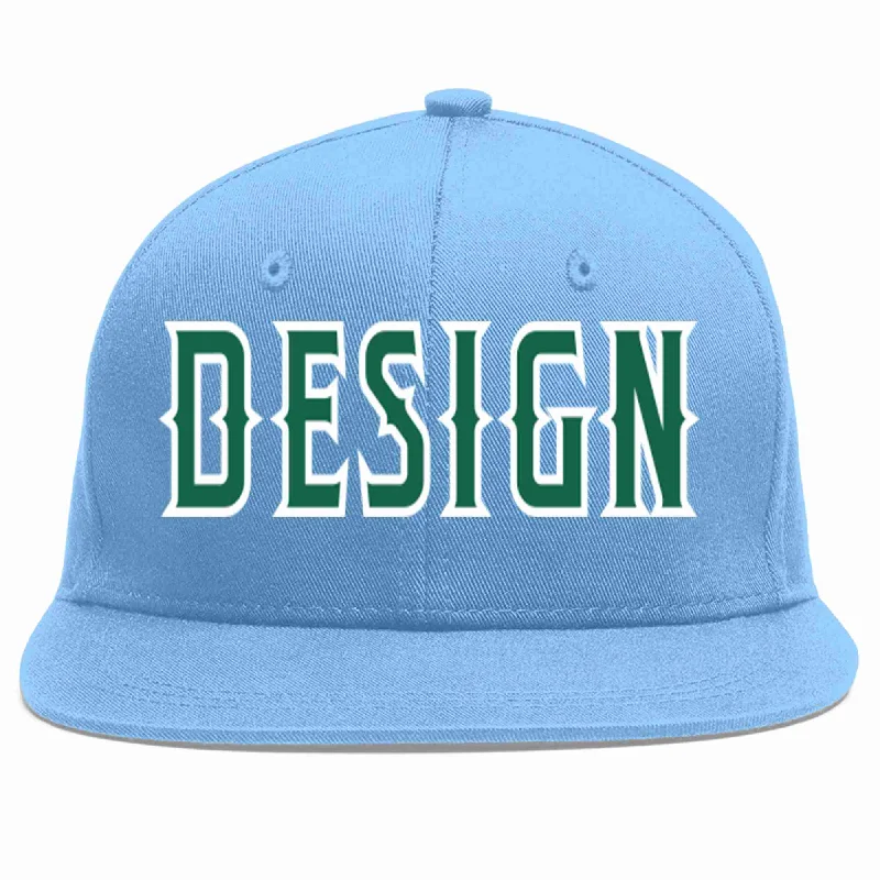 Baseball Cap For Team Recognition-Custom Light Blue Kelly Green-White Flat Eaves Sport Baseball Cap Design for Men/Women/Youth