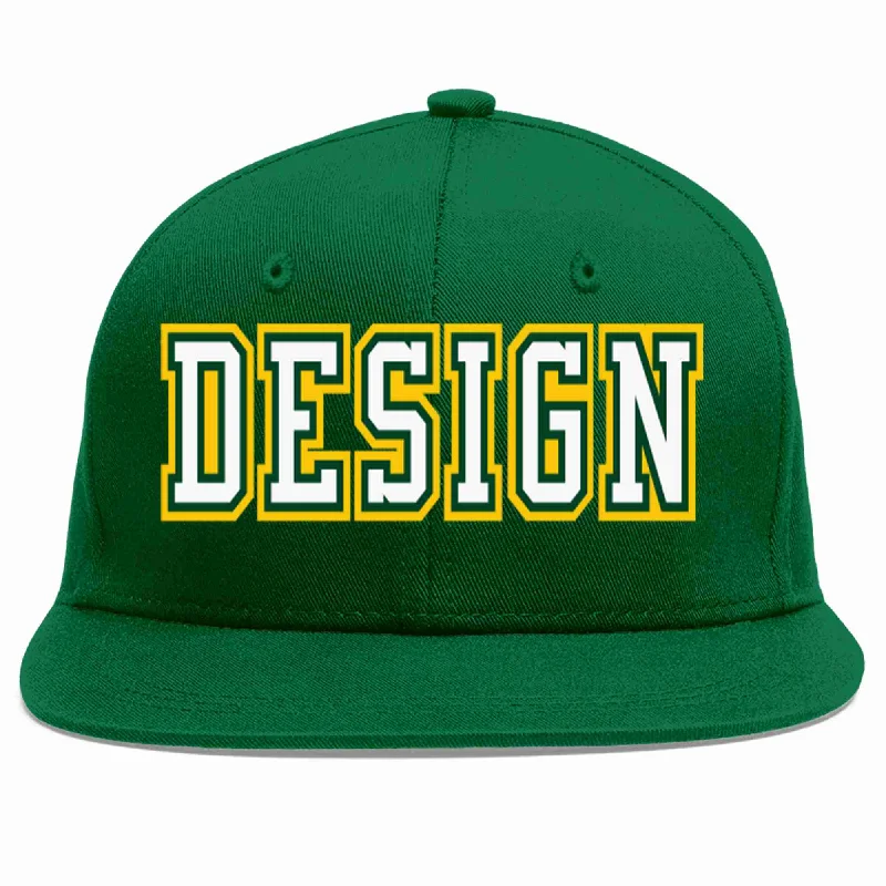 Baseball Cap For Players-Custom Green White-Kelly Green Flat Eaves Sport Baseball Cap Design for Men/Women/Youth