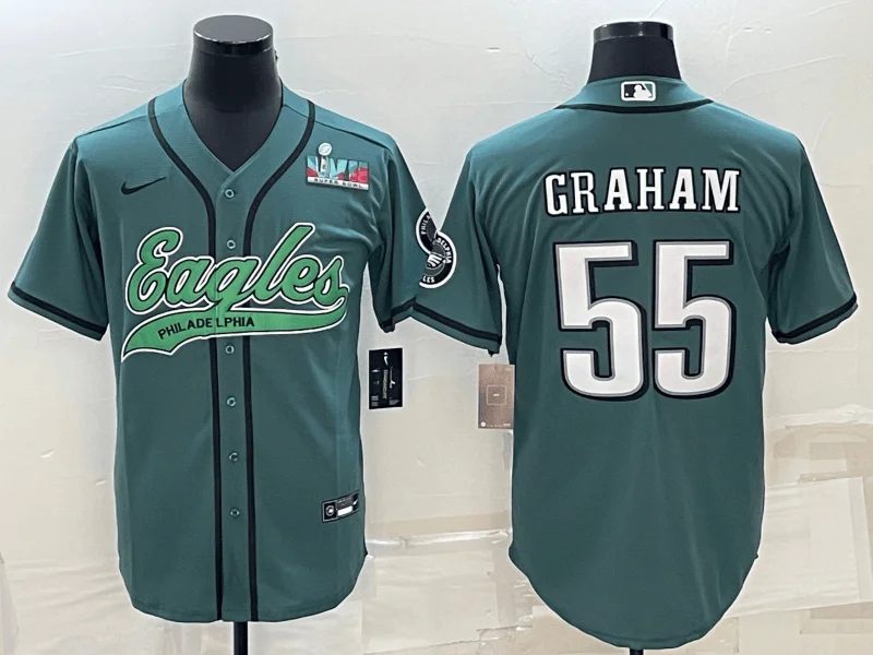 Baseball Jersey For Baseball Season Gear-Men's Philadelphia Eagles #55 Brandon Graham Green With Super Bowl LVII Patch Cool Base Stitched Baseball Jersey