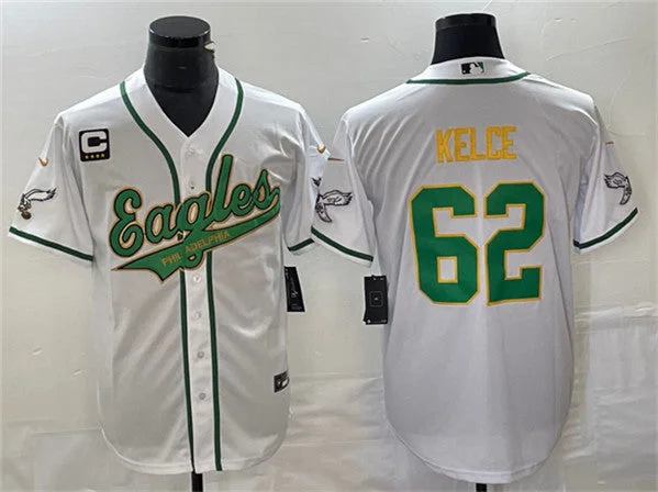 Baseball Jersey For Youth Teams-Men's Philadelphia Eagles #62 Jason Kelce White Gold With C Patch Cool Base Baseball Stitched Jersey