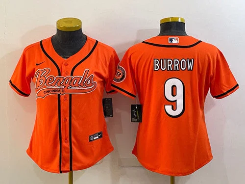 Baseball Jersey For Special Fan Gifts-Women's Cincinnati Bengals #9 Joe Burrow Orange With Patch Cool Base Stitched Baseball Jersey(Run Small)