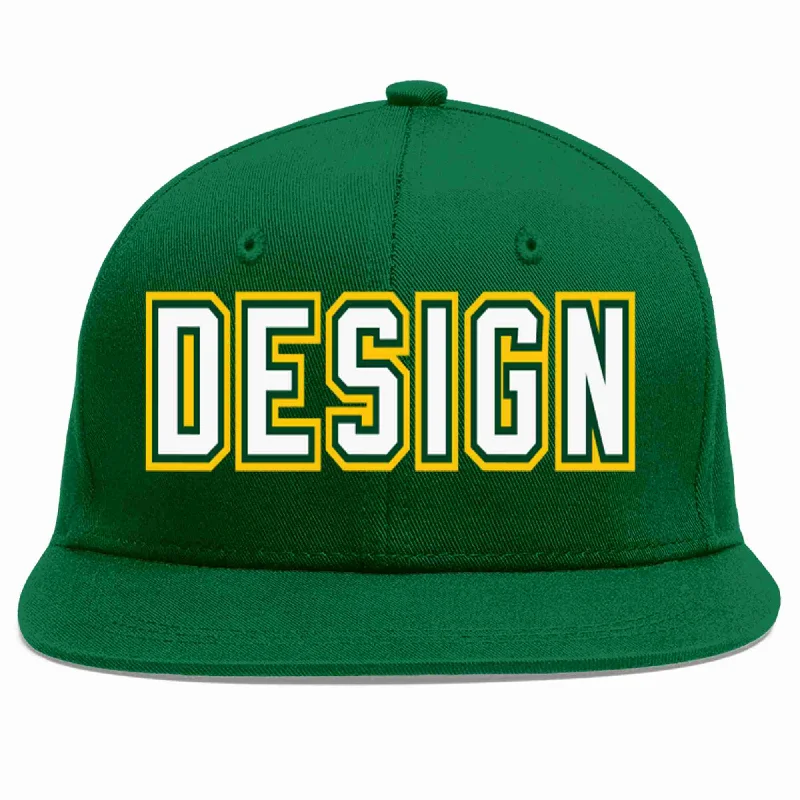 Baseball Cap For Team Merchandise-Custom Green White-Kelly Green Flat Eaves Sport Baseball Cap Design for Men/Women/Youth