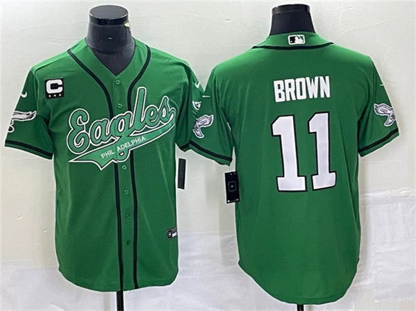 Baseball Jersey For Team Uniforms-Men's Philadelphia Eagles #11 A. J. Brown Green With C Patch Cool Base Baseball Stitched Jersey