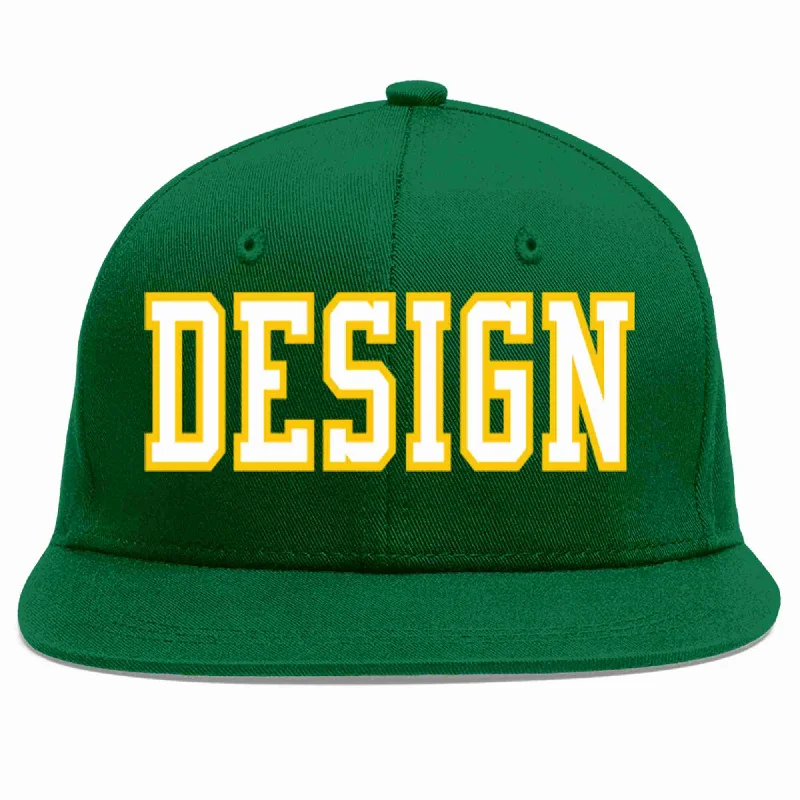 Baseball Cap With Number And Name-Custom Green White-Gold Flat Eaves Sport Baseball Cap Design for Men/Women/Youth