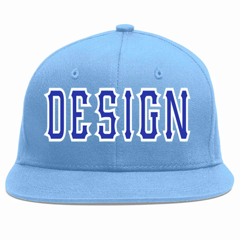 Baseball Cap For College Alumni-Custom Light Blue Royal-White Flat Eaves Sport Baseball Cap Design for Men/Women/Youth