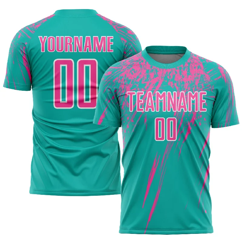 Football Jersey With Personalized Team Names-Custom Aqua Pink-White Sublimation Soccer Uniform Jersey