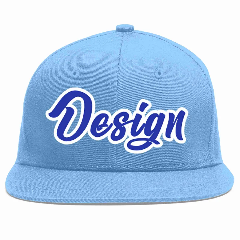 Baseball Cap For Special Events-Custom Light Blue Royal-White Flat Eaves Sport Baseball Cap Design for Men/Women/Youth