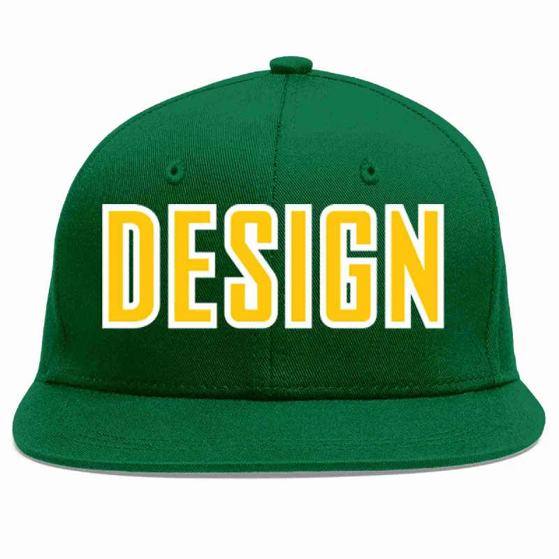 Baseball Cap For Competitive Events-Custom Green Gold-White Flat Eaves Sport Baseball Cap Design for Men/Women/Youth