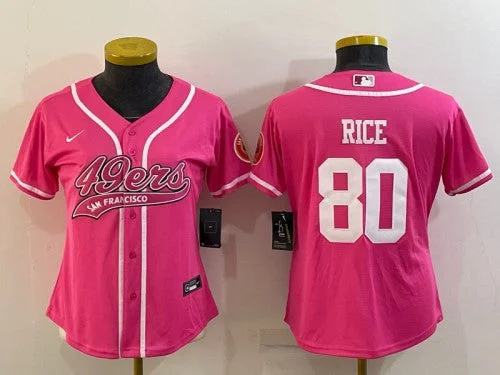 Baseball Jersey For Custom Fan Apparel-Women's San Francisco 49ers #80 Jerry Rice Pink With Patch Cool Base Stitched Baseball Jersey(Run Small)