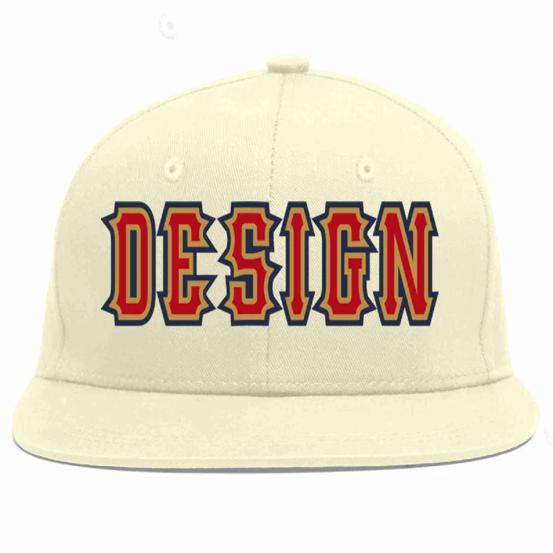 Baseball Cap For Sports Leagues-Custom Cream Red-Old Gold Flat Eaves Sport Baseball Cap Design for Men/Women/Youth