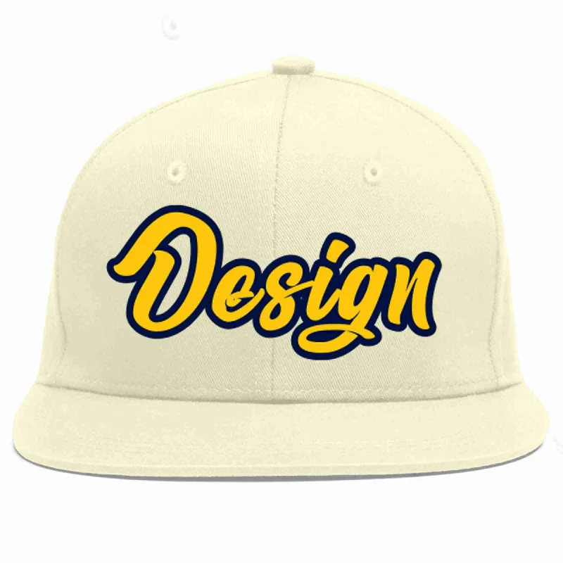 Baseball Cap For Team Merchandise-Custom Cream Gold-Navy Flat Eaves Sport Baseball Cap Design for Men/Women/Youth