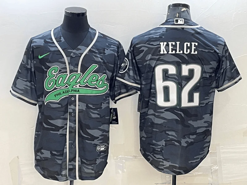 Baseball Jersey For Group Orders And Discounts-Men's Philadelphia Eagles #62 Jason Kelce Grey Camo With Patch Cool Base Stitched Baseball Jersey