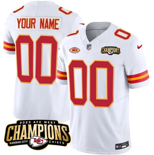 Football Jersey For Personalized School Spirit Gear-Men's Kansas City Chiefs Active Player Custom White 2023 F.U.S.E. AFC West Champions With "NKH" Patch Vapor Untouchable Limited Football Stitched Jersey