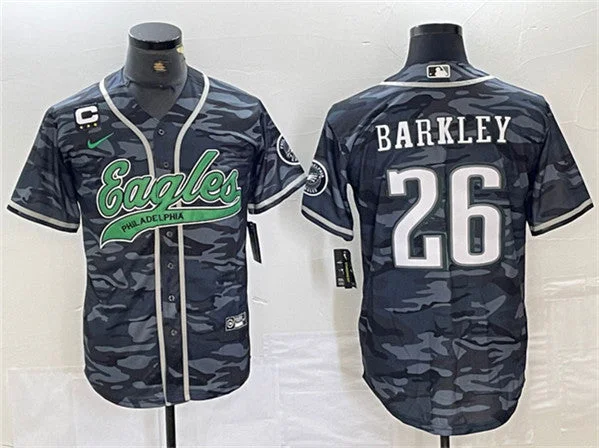 Baseball Jersey For Fan Apparel With Logos-Men's Philadelphia Eagles #26 Saquon Barkley Gray Camo With 3-star C Patch Cool Base Baseball Stitched Jersey