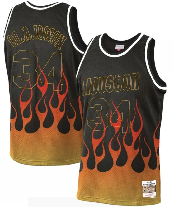 Basketball Jersey For Sports Fans Apparel-Rockets 34 Hakeem Olajuwon Black 1993-94 Hardwood Classics Flames Swingman Basketball Jersey