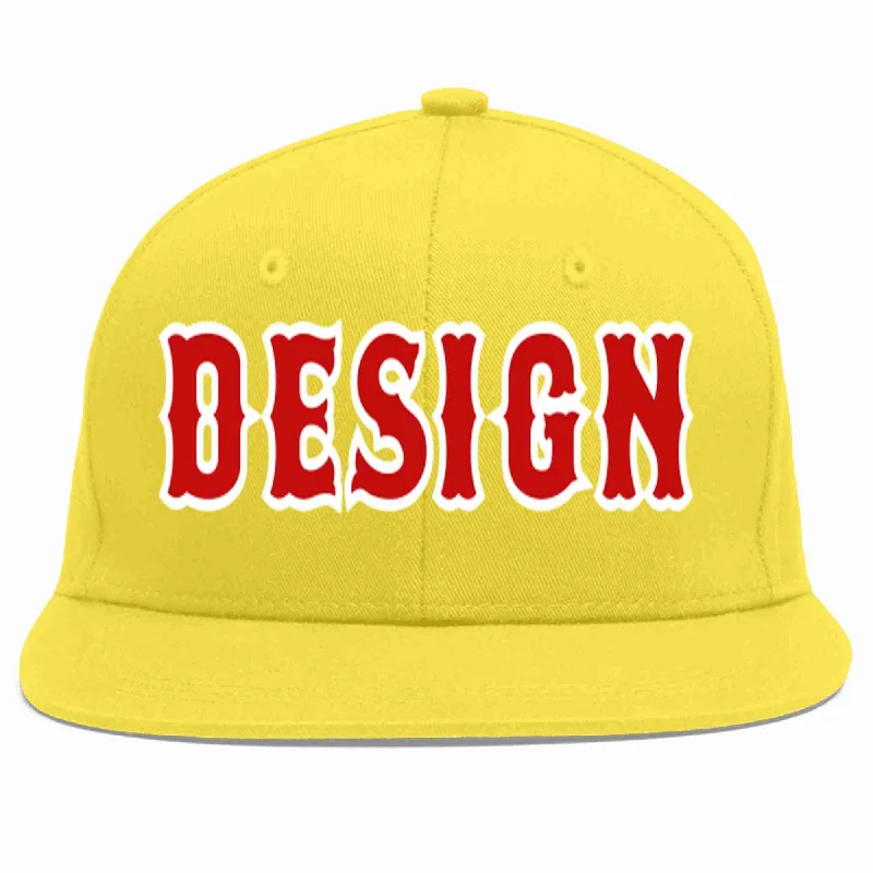 Baseball Cap With Adjustable Fit And Style-Custom Light Gold Red-White Flat Eaves Sport Baseball Cap Design for Men/Women/Youth