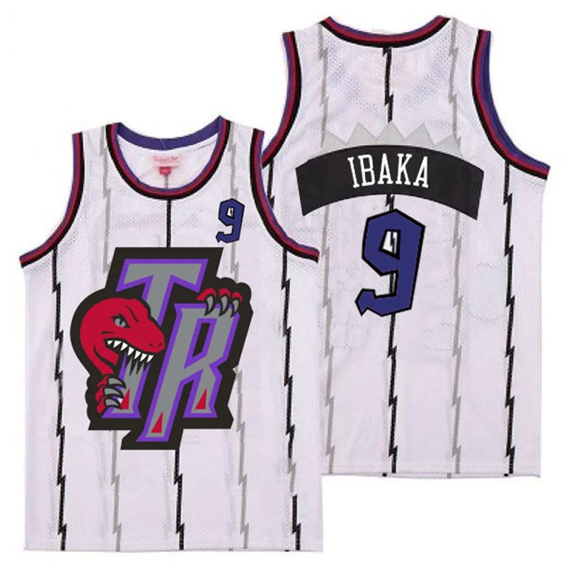 Basketball Jersey For College Tournament Teams-Raptors 9 Serge Ibaka White Big Gray TR Logo Retro Basketball Jersey