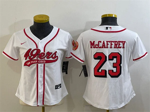 Baseball Jersey For College And High School Teams-Women's San Francisco 49ers #23 Christian McCaffrey New White With Patch Cool Base Stitched Baseball Jersey(Run Small)