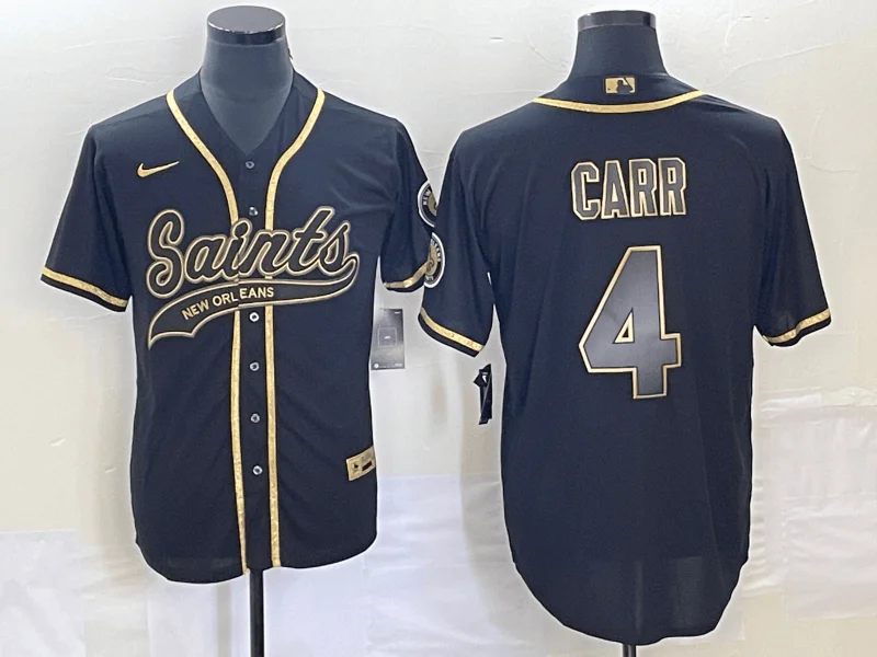 Baseball Jersey For Tournament Teams-Men's New Orleans Saints #4 Derek Carr Black Gold With Patch Cool Base Stitched Baseball Jersey