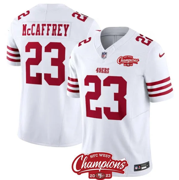 Football Jersey For Custom Embroidered Logos-Men's San Francisco 49ers #23 Christian McCaffrey White 2023 F.U.S.E. NFC West Champions Patch Football Stitched Jersey