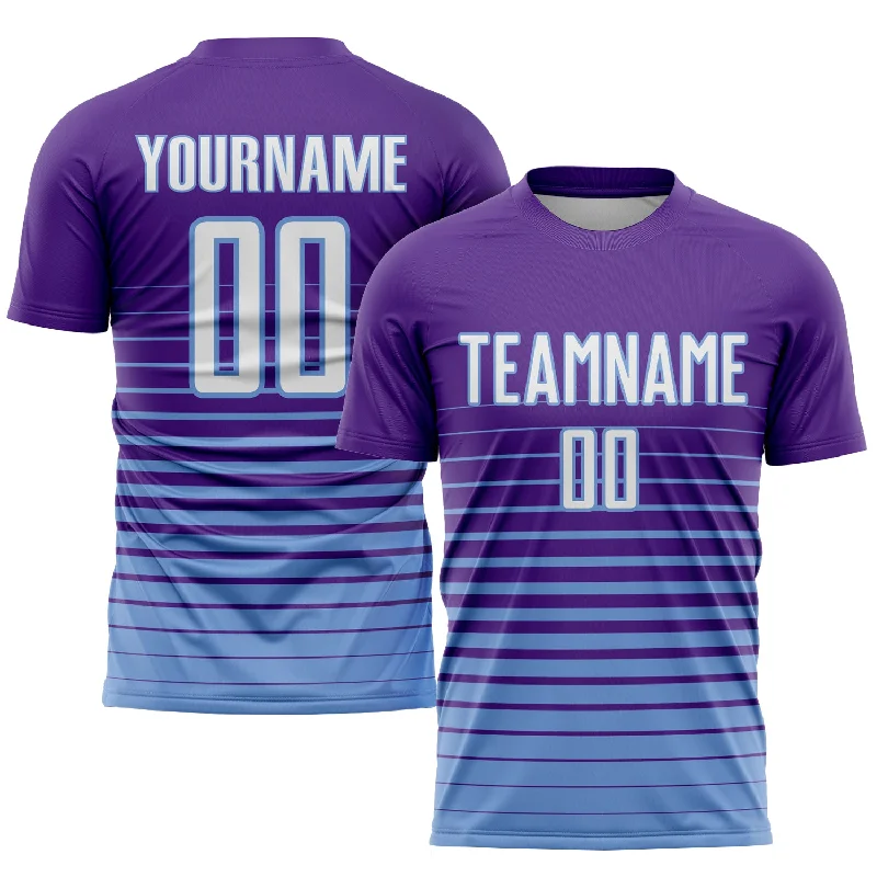 Football Jersey For Football Gifts-Custom Purple White-Light Blue Pinstripe Fade Fashion Sublimation Soccer Uniform Jersey