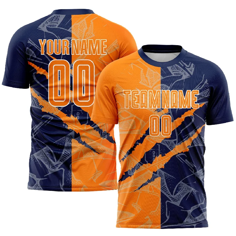 Football Jersey For Group Event Orders-Custom Graffiti Pattern Bay Orange-Navy Scratch Sublimation Soccer Uniform Jersey