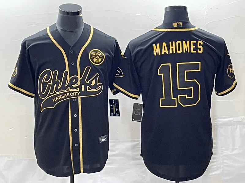 Baseball Jersey With Embroidered Logo-Men’s Kansas City Chiefs #15 Patrick Mahomes Black Gold Cool Bae Stitched Baseball Jersey