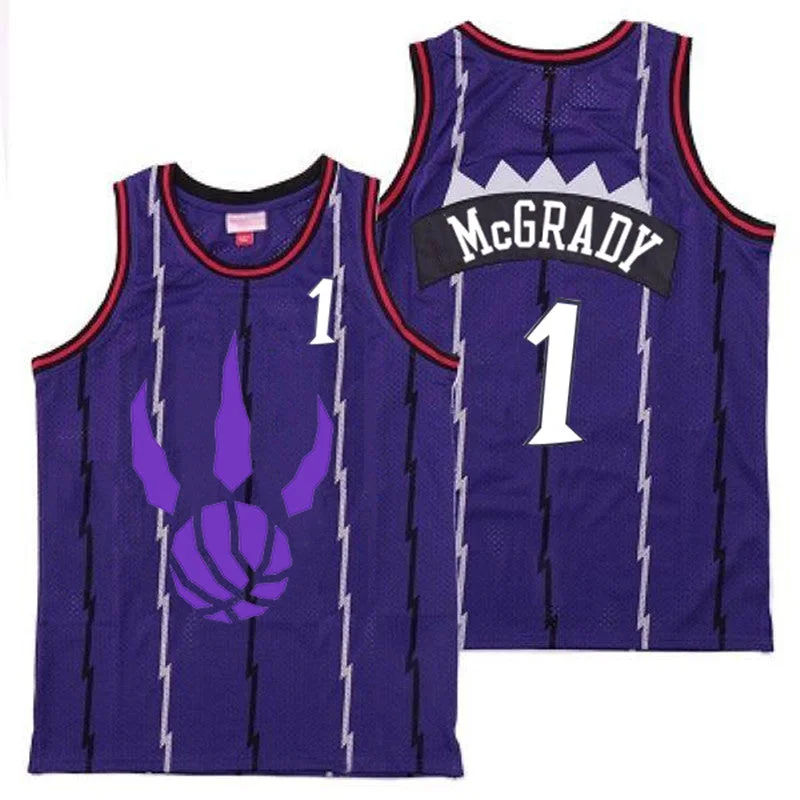 Basketball Jersey With Embroidered Logo-Raptors 1 Tracy McGrady Purple Logo Retro Basketball Jersey