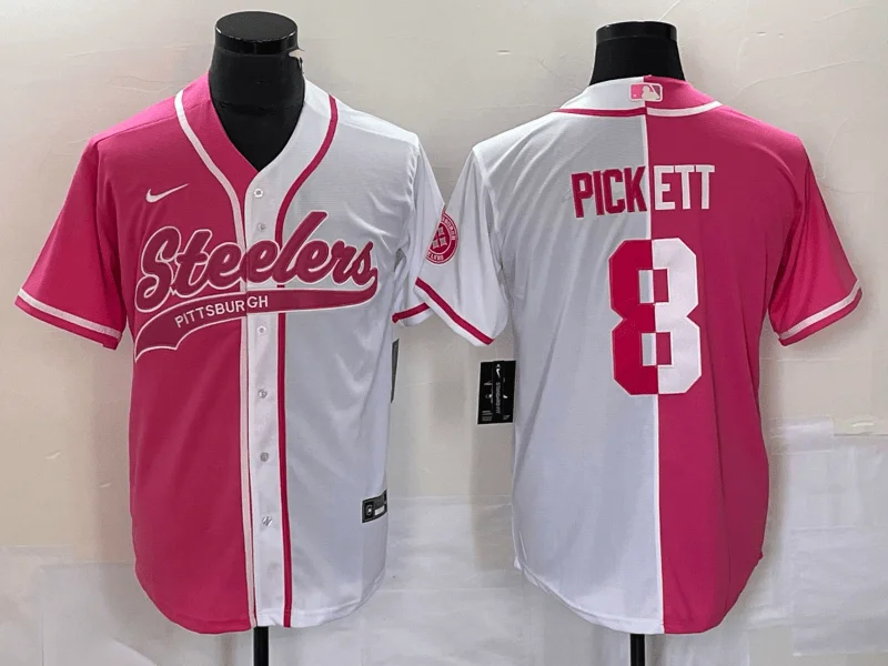 Personalized Baseball Jersey-Men's Pittsburgh Steelers #8 Kenny Pickett Pink White Two Tone With Patch Cool Base Stitched Baseball Jersey