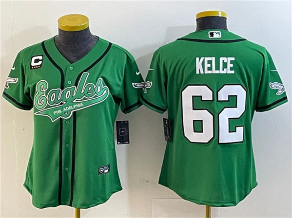 Baseball Jersey For Youth Sports Gear-Women's Philadelphia Eagles #62 Jason Kelce Green With 4-Star C Patch Cool Base Stitched Baseball Jersey(Run Small)