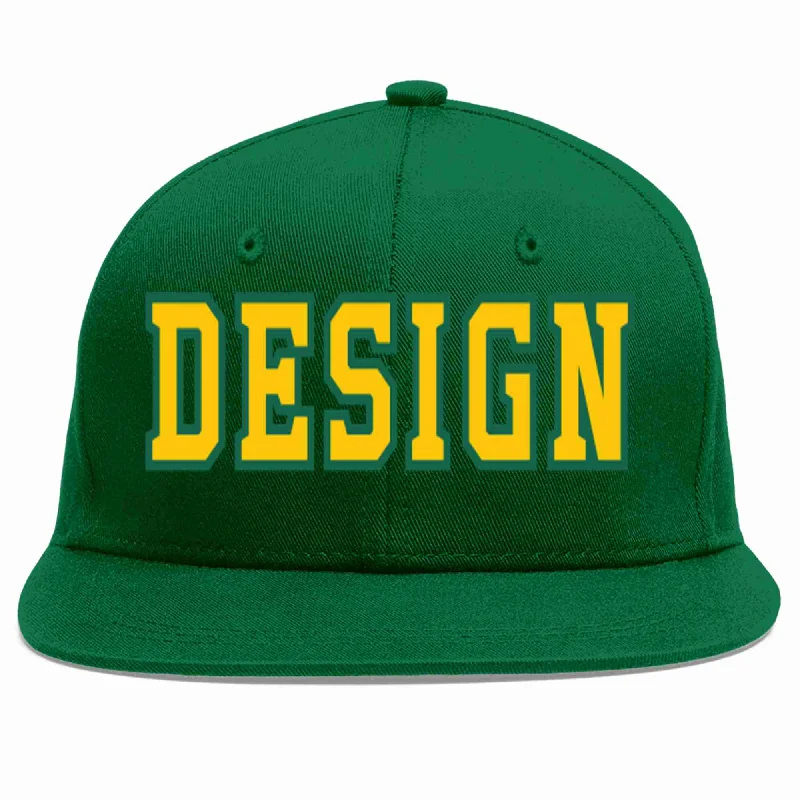 Baseball Cap For Supportive Teams-Custom Green Gold-Kelly Green Flat Eaves Sport Baseball Cap Design for Men/Women/Youth