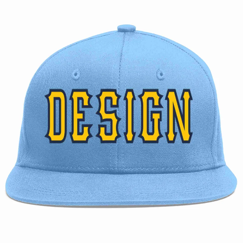 Baseball Cap For Sports Leagues-Custom Light Blue Gold-Navy Flat Eaves Sport Baseball Cap Design for Men/Women/Youth