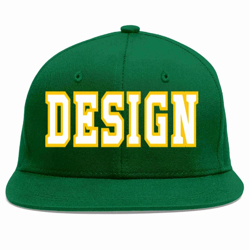 Baseball Cap For Game Day Gear-Custom Green White-Gold Flat Eaves Sport Baseball Cap Design for Men/Women/Youth