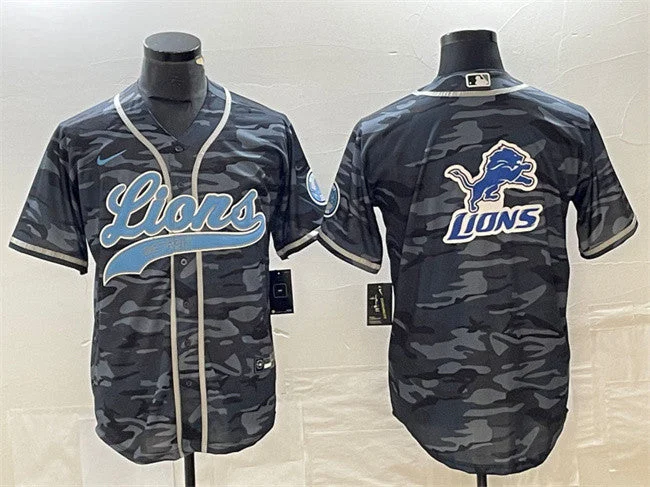 Baseball Jersey For Official Team Products-Men's Detroit Lions Gray Camo Team Big Logo Cool Base Stitched Baseball Jersey