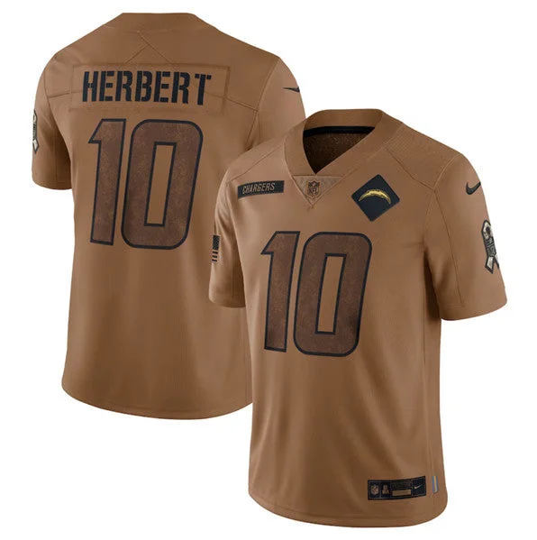 Football Jersey For College Tournament Teams-Men's Los Angeles Chargers #10 Justin Herbert 2023 Brown Salute To Service Limited Football Stitched Jersey